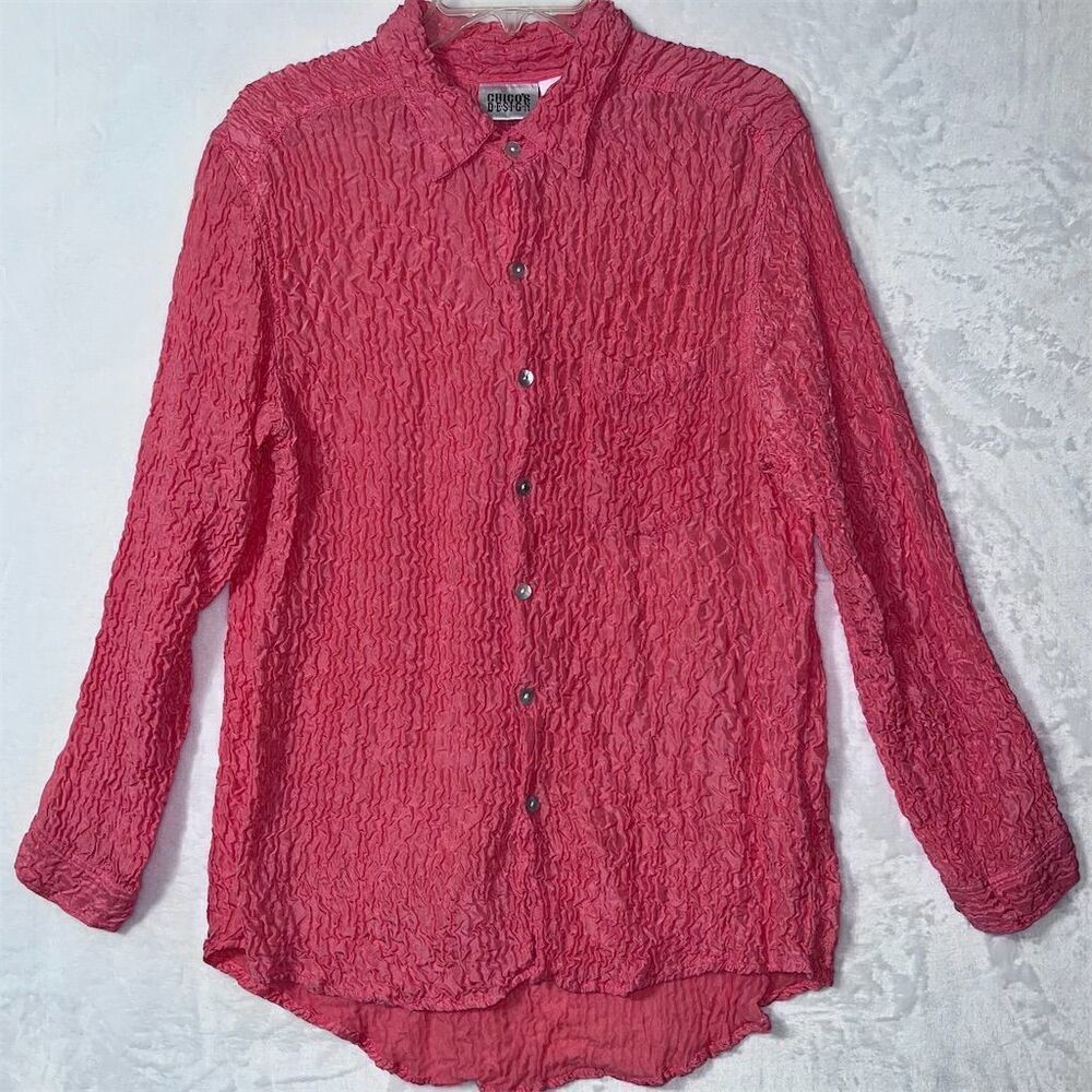 Chico's Design Women's Coral Silk Crinkle Blouse Standard Size L Long Sleeve
